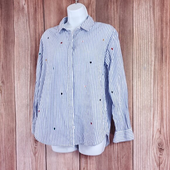 Rails Taylor Blue White Striped Shirt Womens Medium Rainbow Embroidered Hearts - Picture 4 of 15
